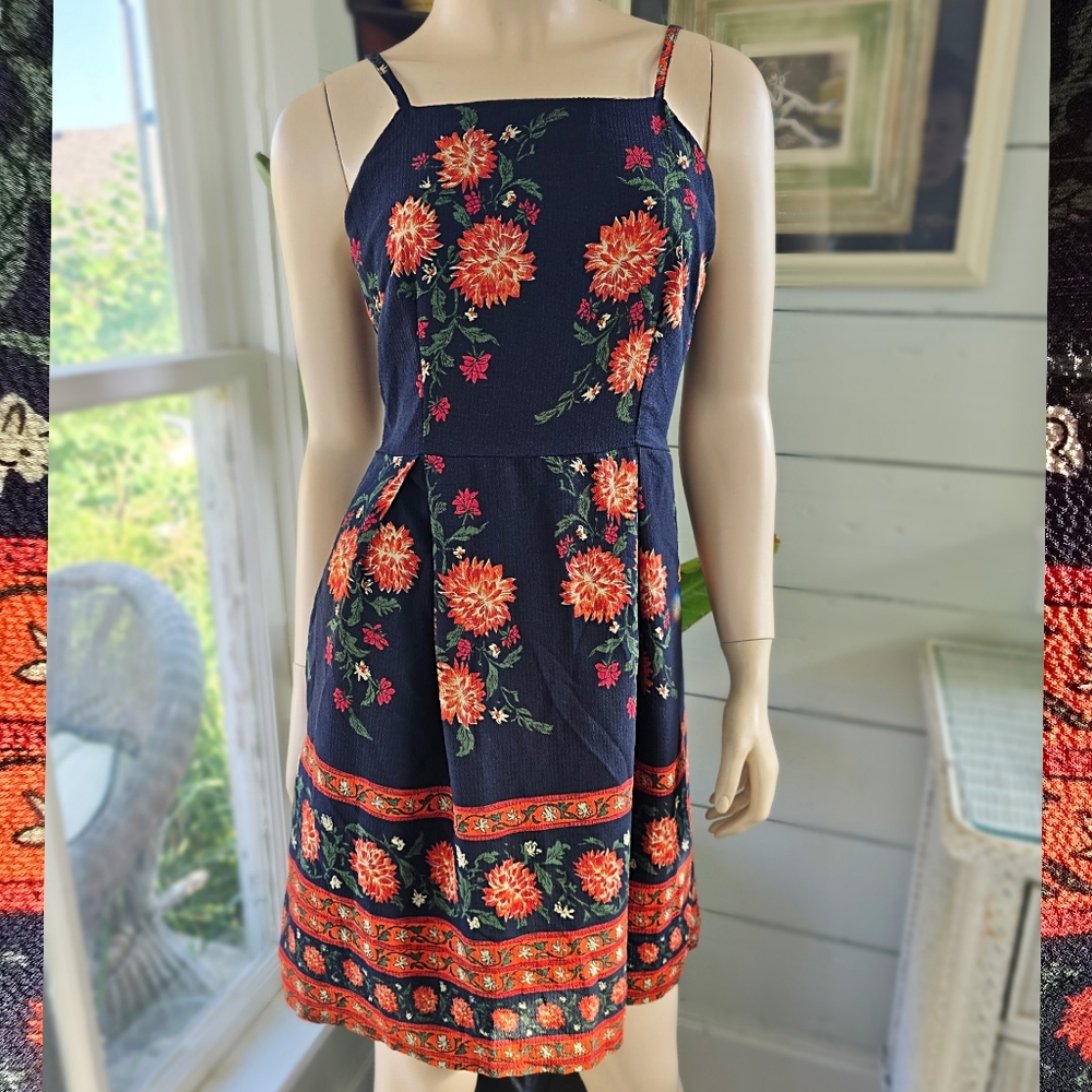 Women's Size S Navy Blue /orange Floral Print Sun Dress Summer Spaghetti Straps